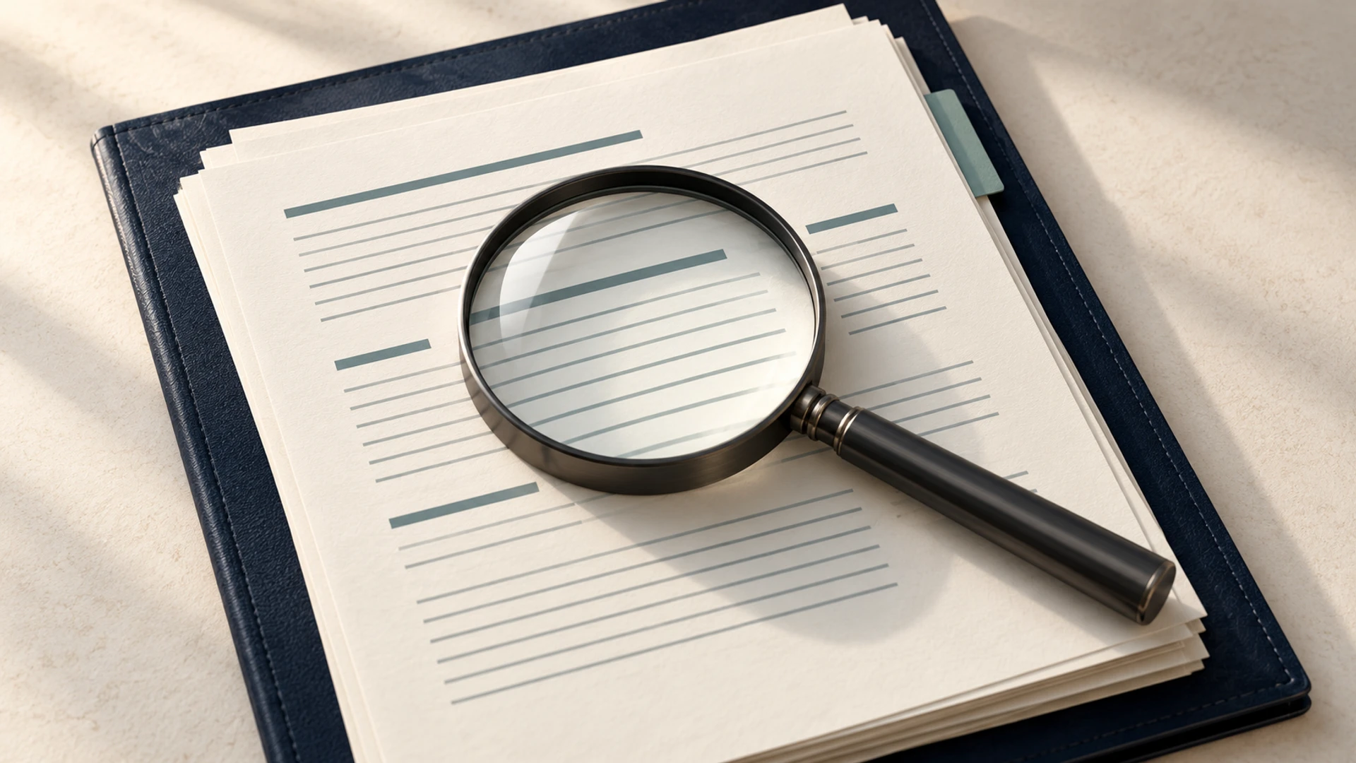 A magnifying glass rests on report pages in a navy folio, illustrating a closer examination of reported AI benefits.